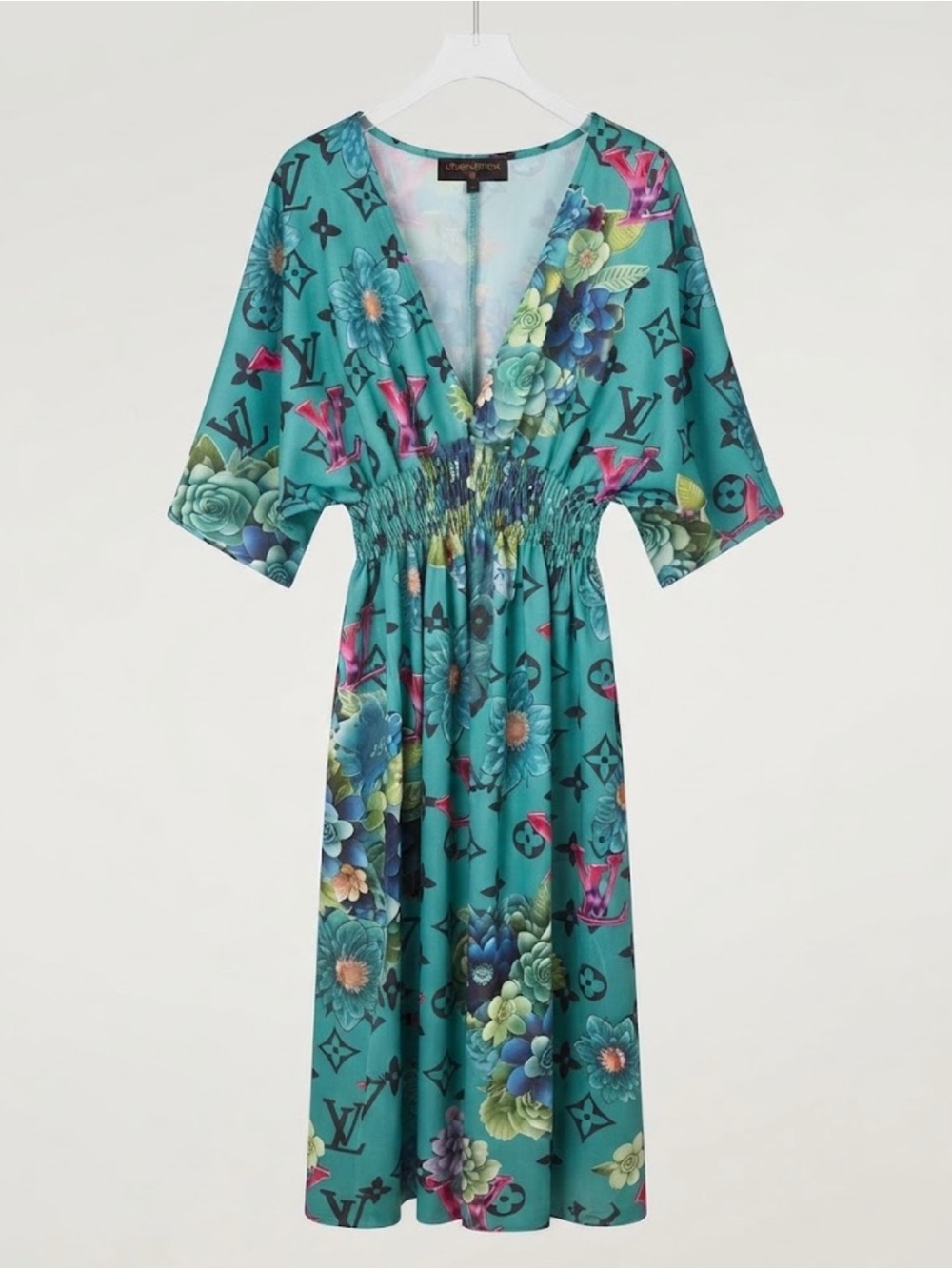 Brand New long Turquoise Floral Logo V-Neck Midi Dress